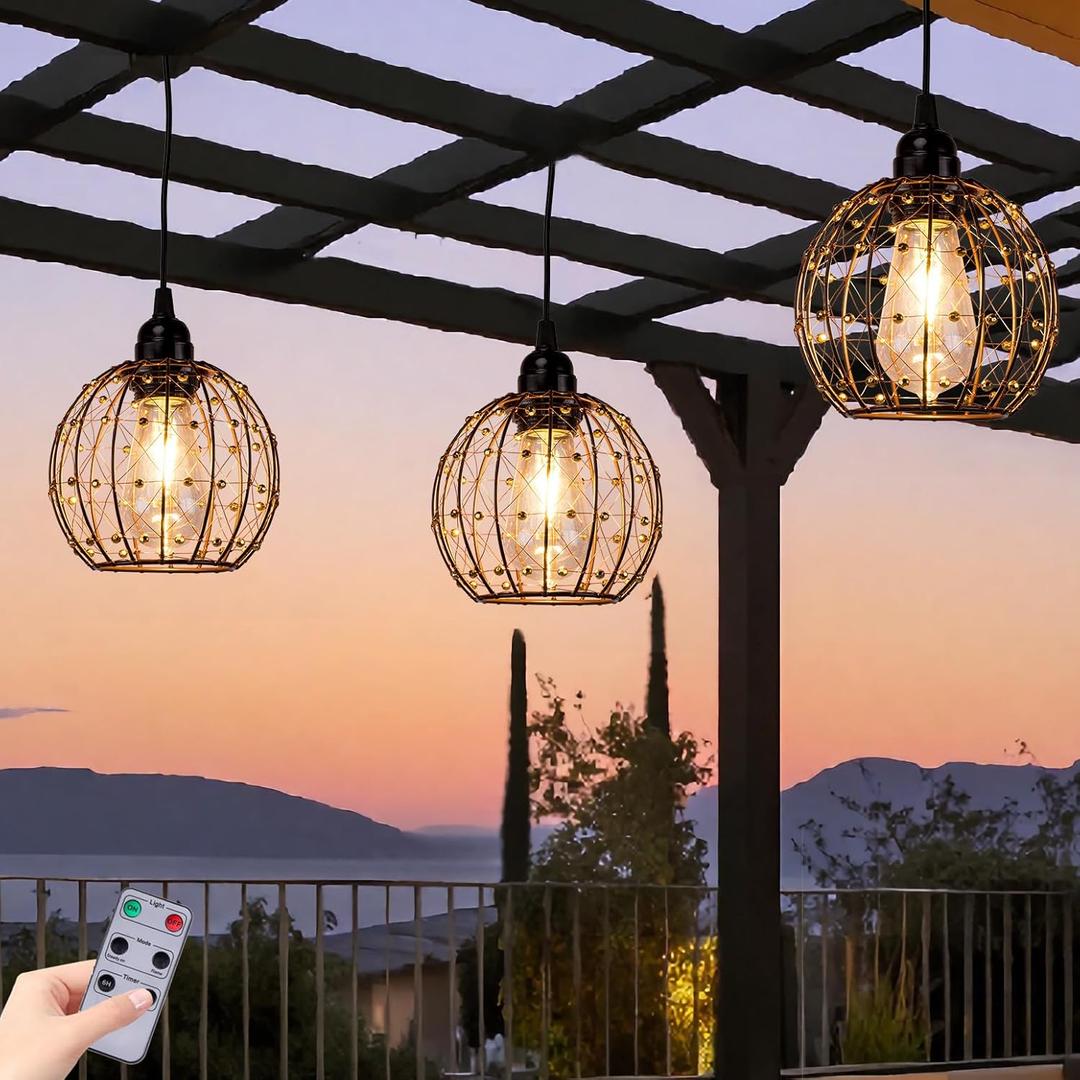 Hanging Pendant Lights, Battery Operated Outdoor Chandelier with Warm White LED Bulb for Patio Tree Pergola Gazebo Porch (Beaded Ball-ST58-3PK)