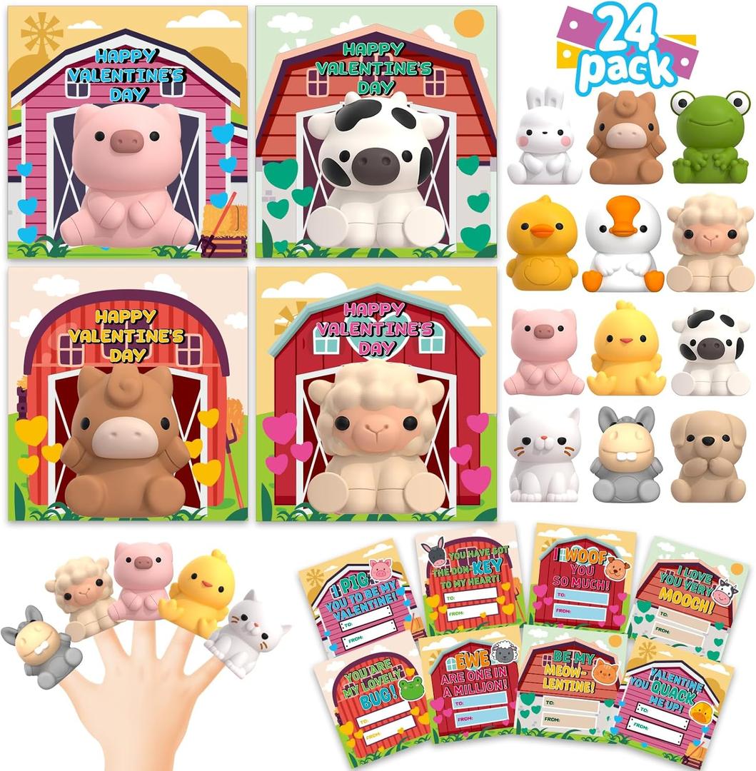 AuroTops 24 Pack Farm Animal Finger Puppets with Unique Cards, Valentine Party Favors for Boys & Girls, Kids Exchange Valentine's Gifts
