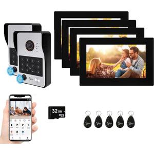 WiFi Wired Video Doorbell System,7 Inch High-Definition Monitor +Ring Camera,Remote/ID/Password/Fingerprints Unlock,Night Vision,Two-Way Intercom for Villa Home Apartment (2 Doorbell+4 Monitor)