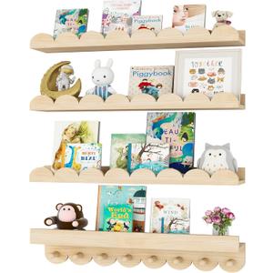 24 Inch Nursery Book Shelves with Hooks, 4-Pack Floating Shelves for Wall, Scalloped Shelves, Wall Book Shelves for Kids Room, Toddler Room, Baby Room, Nursery Decor