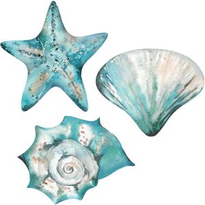 3 Pcs Summer Coastal Wall Decor Beach Wall Art Blue Sea Turtle Surfboard Seahorse Starfish Seashell Conches Crabs Sea Life Decor for Bathroom Bedroom Home (Shells, Conch, Starfish)
