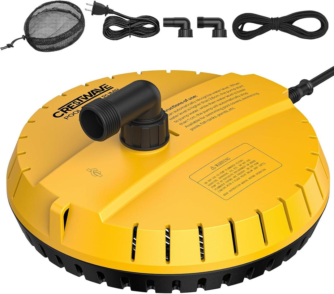Crestwave Automatic Pool Cover Pump, 115V Submersible Water Pump for Pool Draining, 25FT Power Cord, Water Removal for Swimming Pool, Hot Tub, Fish Tanks, Pond, 2 Adapters, Yellow