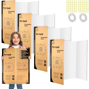 4 Pack Trifold Poster Board 24" X 36", IKAYAS Single sided White Tri-fold Poster Boards, Science Fair Display Boards Presentation Boards for Mounting, Art, Display, Projects Classroom Supplies