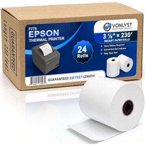3 1/8 x 230 Thermal POS Rolls for Epson Printers, BPA Free Thermal Printing Compatible with TM-T88 TM-T70 TM-T80 TM-T85 TM-H6000 T90 Series, Credit Card Machine & POS Printer Supplies, Pack of 24