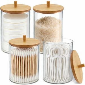 Glass Qtip Holder Dispenser, 10 oz Apothecary Jar with Bamboo Lid, 4 Pack | Cotton swab holders with bamboo lids; stores cotton balls, pads and floss picks for neat bathroom vanity organization.