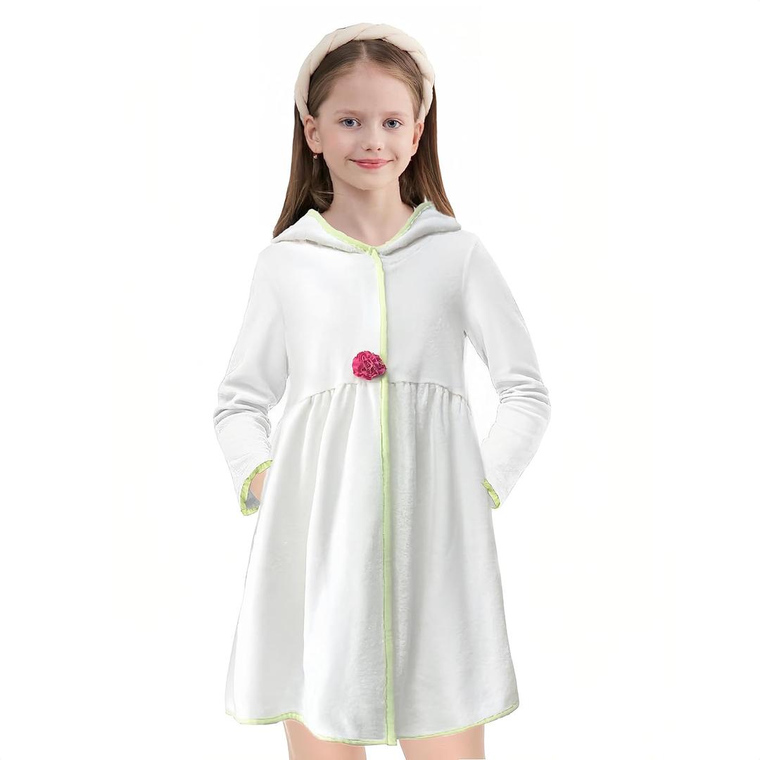 Girls Swim Cover Up Bathrobe Toddler Hooded Terry Cloth Beach Kids Towel Robe Coverups Pool White Wraps (6Y)