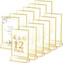 Hoteam 12 Pieces Gold Frames Clear Acrylic Sign Holder Double Sided Menu Display Stand with Gold Borders 2mm Table Number Holder for Wedding Recipe Cards Photo Display(Horizontal Vertical,4 x 6 Inch)