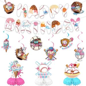 Baseball Ice Cream Drip Birthday Party Decorations, Happy Birthday Banner and Honeycomb Centerpieces, Respect The Drip Sports Theme Supplies for Boys Men