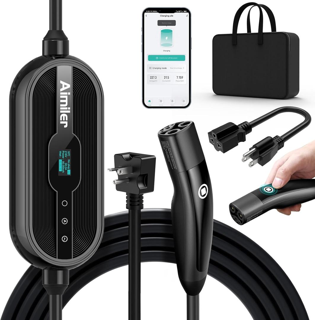 AIMILER Level 1/2 Tesla Charger(WiFi APP/Plug-Play), 16A, 25ft Cable ETL Certified, 240V NEMA 6-20P Plug & 110V 5-15P Adapter, NACS Connector, Portable Electric Car EV Charger (Black)