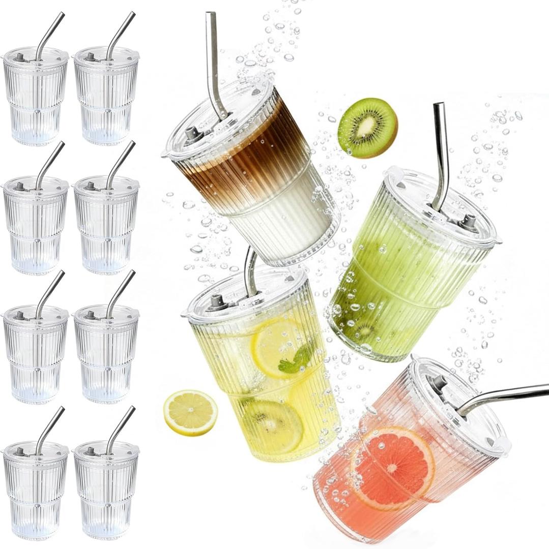 12 x 12 Packs Ribbed Glass Tumbler with Lid and Straw 13 oz Cute Ice Coffee Cup Set Bulk Vasos de Vidrio Con Tazas Para Cafe Cocina Accesorios Home Bar Accessories New Home House Warming Gift Kitchen Stuff