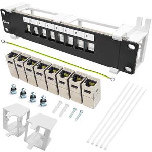 8 Port Patch Panel Keystone Coupler CAT6A Shielded (EC Listed) Wall Mount 10 Inch with 89D Bracket Ethernet Patch Panel (CAT6A)
