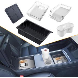 Center Console Organizer Tray 5PCS for Tesla Model Y Accessories 2024-2020(Not Fit Model Y Juniper), Armrest Storage Tray and Hidden Storage Box, Cup Holder Insert, Under Seat Storage Box, White