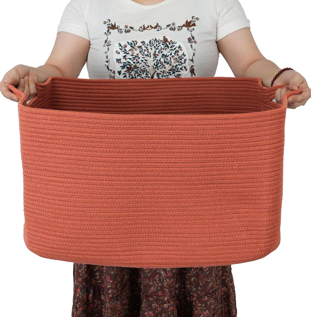 Large Rectangle Blankets Basket Living Room 22"x17"x12" Woven Cotton Rope Storage Baskets for Nursery Toy Baskets for Kids and Dogs Wicker Laundry Basket Bin for Clothes Towels rustic