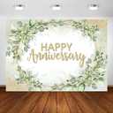 Avezano Happy Anniversary Backdrop - Sage Green Leaves Banner - Cheers to Marriage Wedding Party Decorations - Memorial Portrait Photo Booth Background (7x5ft)