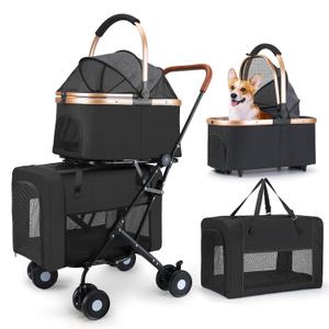 Double Pet Stroller for Small Medium Dogs - 4 In1 Dog Stroller for 2 Pets, Detachable and Foldable with 360°Rotating Wheels, Easy Assembly and Compact Size (Black)