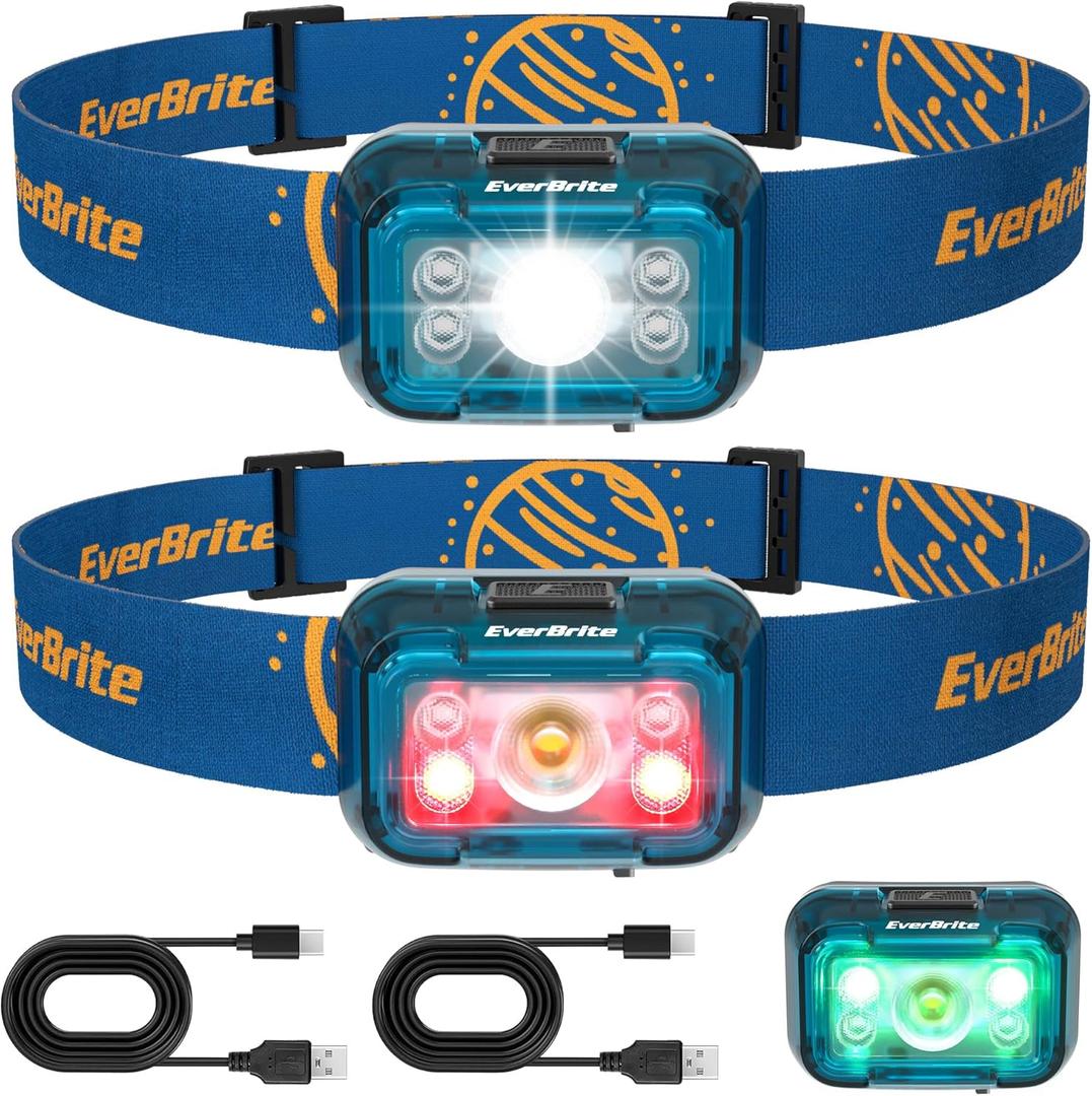 EverBrite Rechargeable Headlamp, 2 Pack Kids Headlamp with White/Red/Green Light and Memory Function, Head Lamp for Adult and Kid with 5 Modes, 120 Adjustable LED Headlamp for Camping, Running-Blue