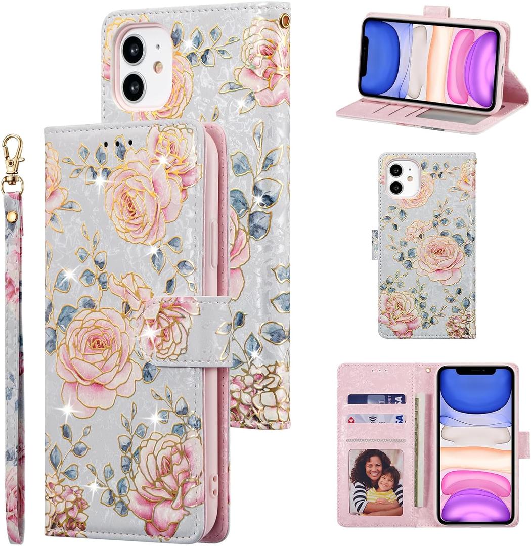 UEEBAI Wallet Case for iPhone 12/iPhone 12 Pro 6.1 inch, PU Leather Case Kickstand RFID Blocking Flip Case Card Slots Wrist Strap Relief Engraved Pattern Magnetic Closure Folio Case, Purple Rose