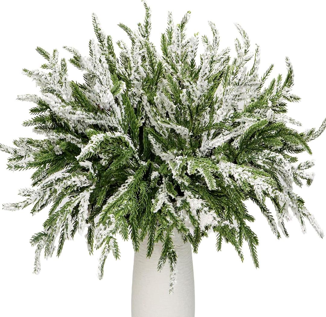 24Pcs Norfolk Pine Branches Stems 13.5" Artificial Pine Needles Sprigs Norfolk Pine Garland Accessories Vase Fillers Winter Fake Christmas Tree Picks Greenery Sprays for DIY Wreaths (24, Frost)