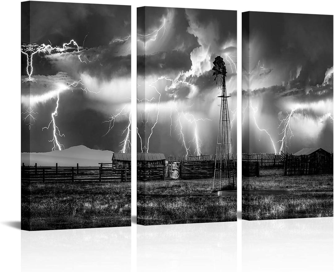 sechars Black and White Farm Windmill Wall Art Lightning Strikes in The Clouds Pictures Colorado Countryside Landscape Canvas Art Farmhouse Decoration