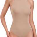 HeyNuts Women's Ultra Soft High Neck Sleeveless Bodysuit, Racerback High Cut Thong Double Lined Sexy Tummy Control Tank Tops Bodysuit Leotard Clothing Mica White S(4/ 6)