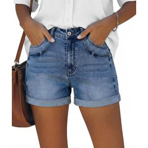 onlypuff Women Jean Shorts Ripped Mid Rise Stretchy Distressed Casual Denim Shorts (Blue)