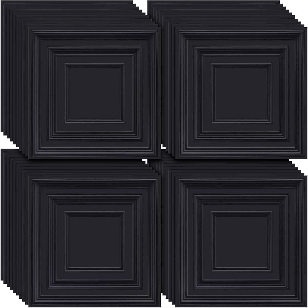 Landical 50 Pcs 2 x 2 ft Black PVC Plastic Drop Ceiling Tiles 24 x 24 x 0.8 Inch Ceiling Panels Decorative Cover 200 Sq. ft for Office Bathroom Living Room Bedroom