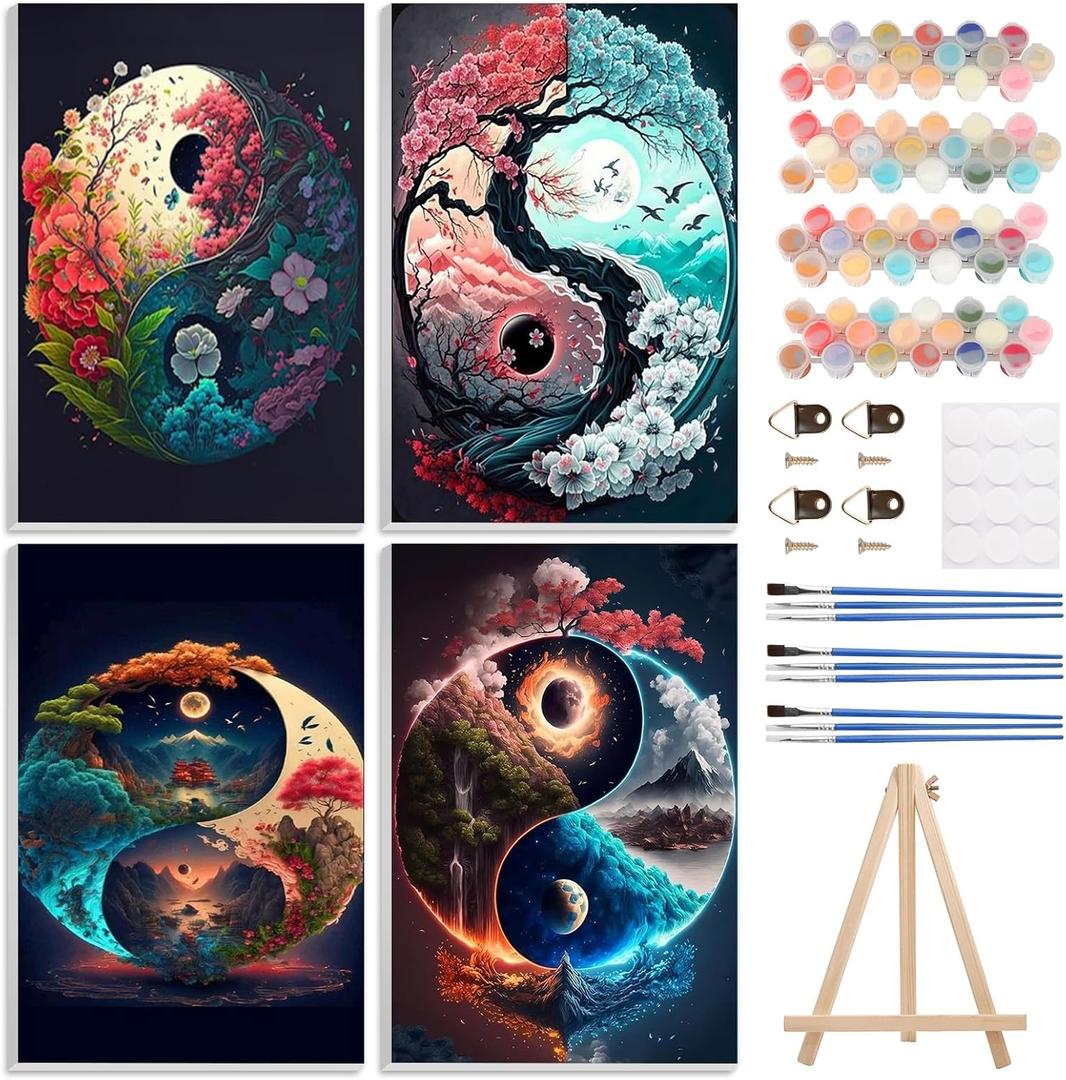 4 Pack Paint by Numbers Kits for Adults Beginners Framed Canvas, Adult Paint by Number Kit with Easel, Yin Yang Landscapes Painting by Numbers for Beginners, Arts and Crafts for Home Decor 8x12inch