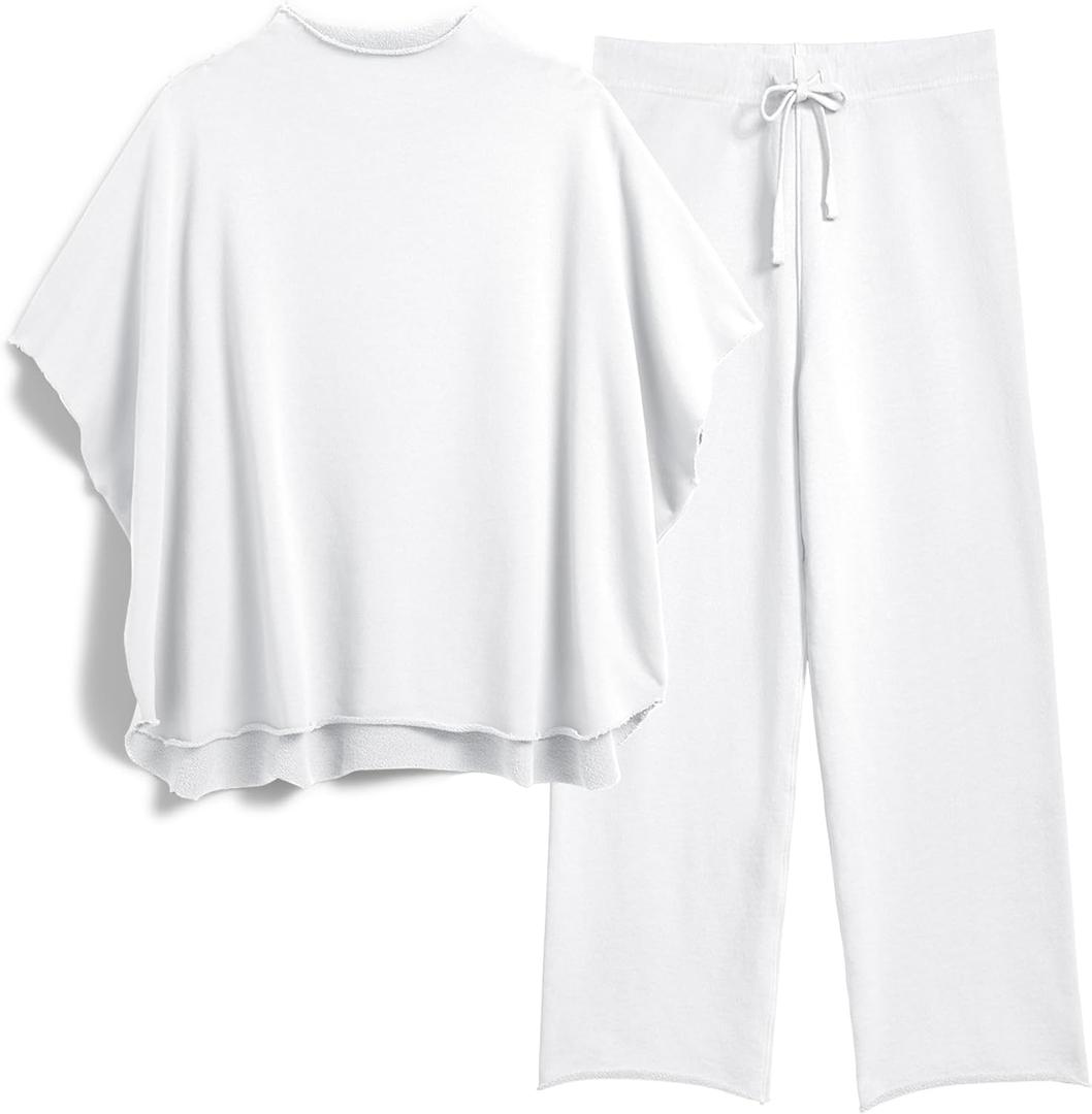SeeLuNa Women's Two Piece Outfits 3/4 Batwing Sleeve Capelet Crew Neck Pullover Top Wide Leg Pants Lounge Set (White, L)