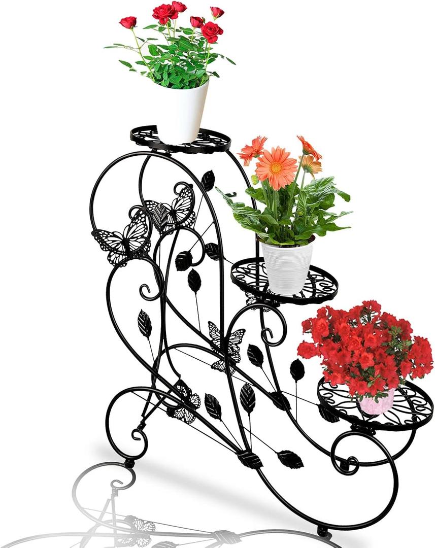 HLC Metal Plant Stand 3 Tier Flower Pot Holder Indoor Outdoor Plant Display Shelf Rack for Garden, Balcony, Patio, Corner, Living Room, Black