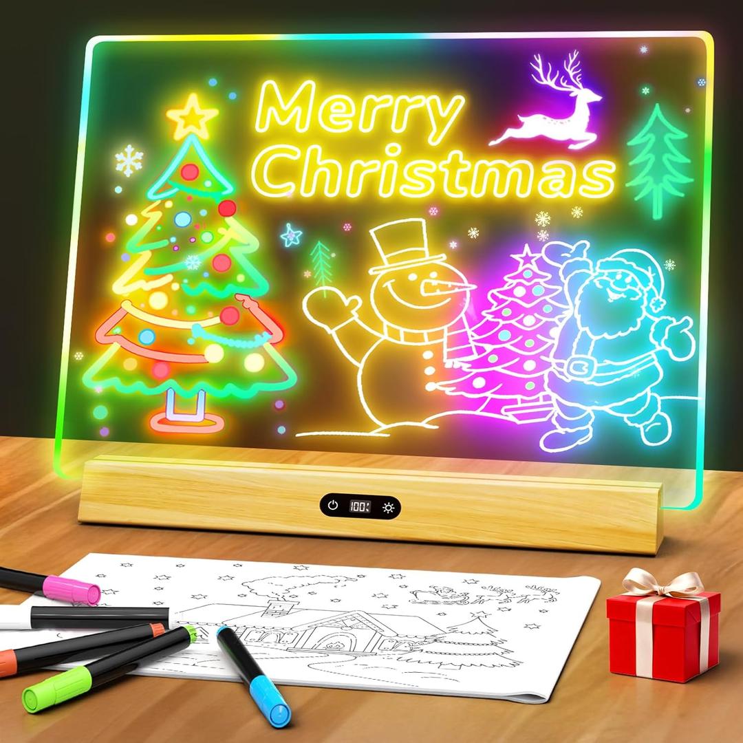 LED Note Board with Colors, Rechargeable 17-Inch Doodle Glow 9-Mode Light Up Desk Sign Letter Message Memo Drawing Dry Erase Board for Classroom/Home Decor/Office/Gifts, 5 Markers & Tracing Book (Natural+clear)
