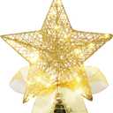 Sumind 9.8 x 11.8 Inch Christmas Star Tree Topper Glittered Star Metal Plug in Treetop Ornaments with Bow and 30 LED String Light for Christmas Tree Indoor Holiday Party Decoration(Gold)