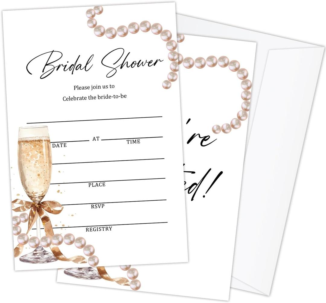 Pearl Bow Bridal Shower Bachelorette Invites, 25 PCS Kit Wedding Invitation Bridal Shower Invitations with Envelopes For New Couples, Mr And Mrs, Newlyweds-06