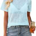 Allimy Women's Sexy See Through Sheer Lace Summer Tops Crew Neck Short Sleeve T Shirts (Blue, XXXL)
