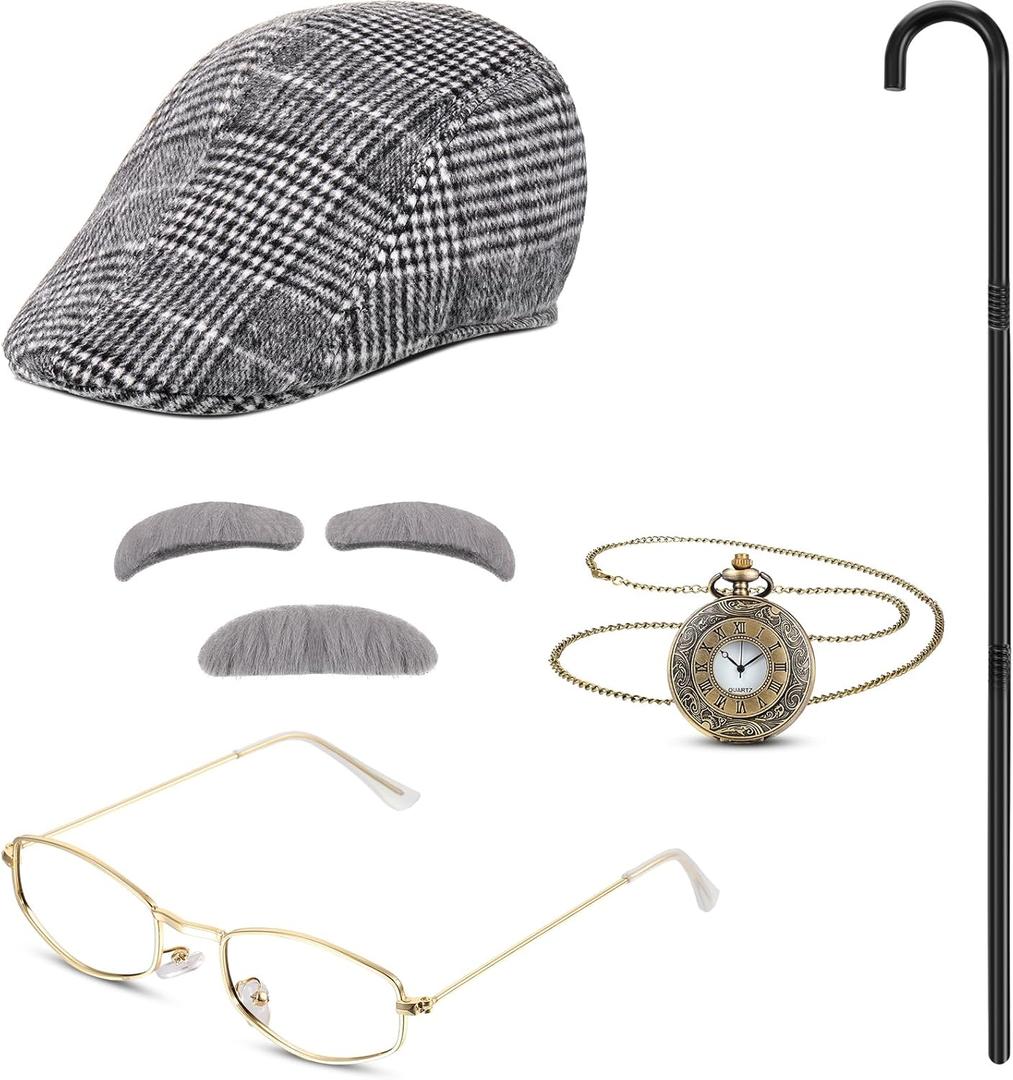 100th Day Old Man Costume 1920s Grandpa Accessories Newsboy Hat Glasses Moustache Eyebrows Pocket Watch(Vivid Style)