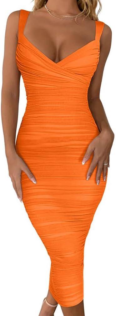 BEAGIMEG Women's Sexy Bodycon Sleeveless Ruched Mesh Club Party Midi Dress (Medium, Orange)