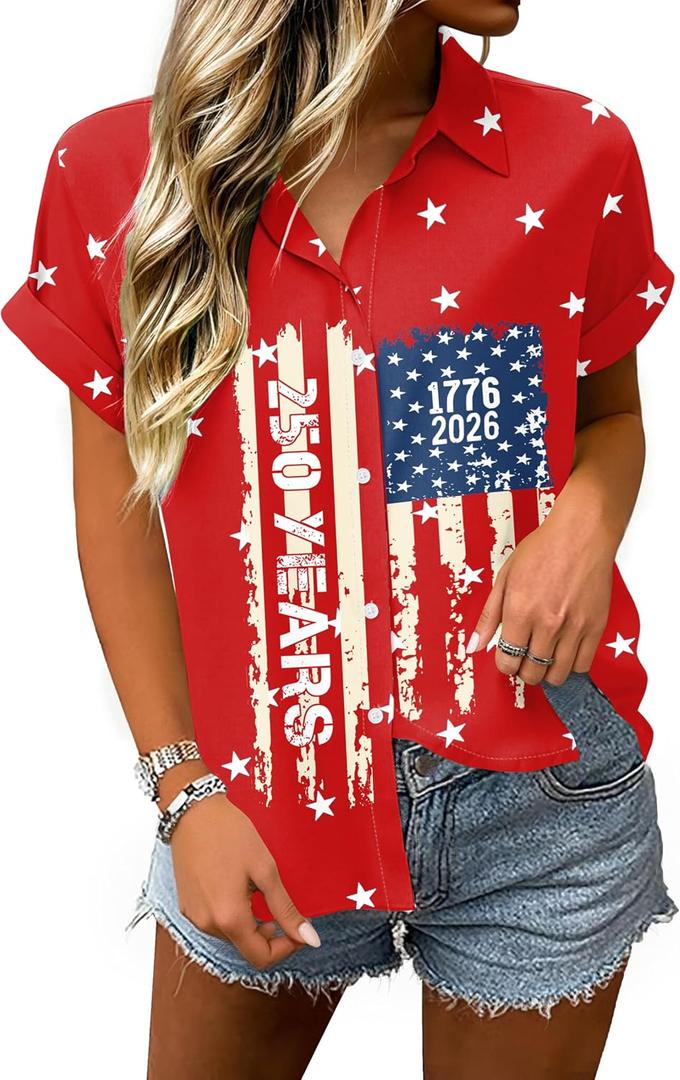 250 Anniversary USA Shirt Women 4th of July Patriotic Shirt Independence Day Short Sleeve Button Down Outfits