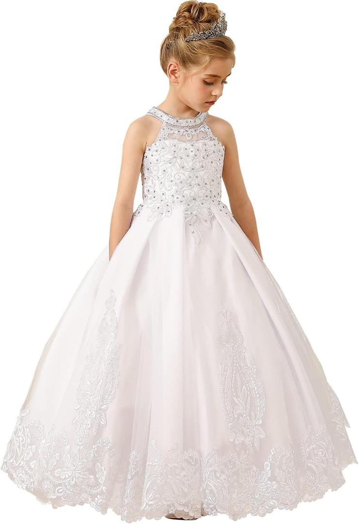 ABAO SISTER Flower Girl Dress Lace Applique Beaded Communion Dress Formal Ball Gown 12 (White)