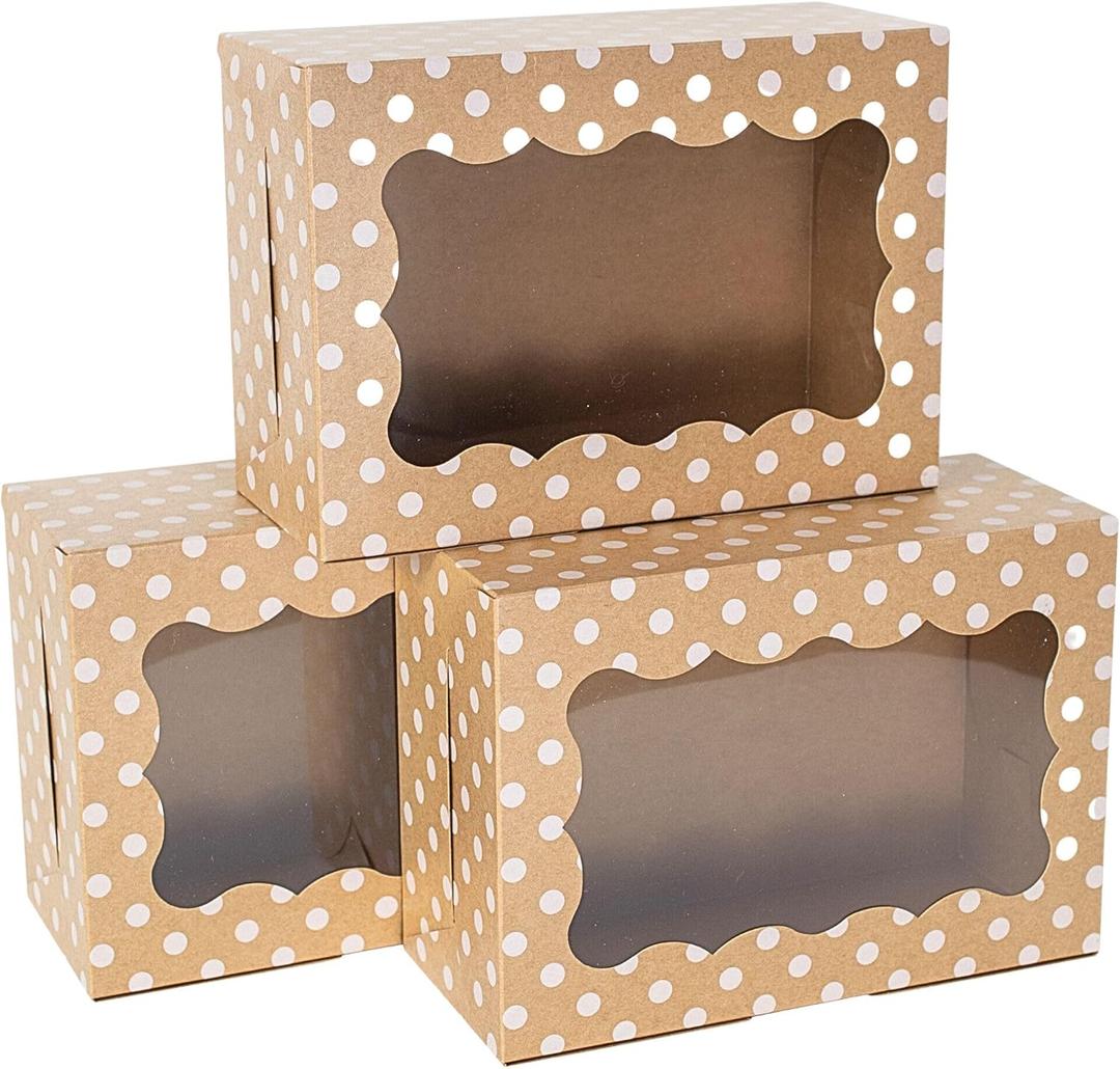 Polka Dot Cookie Boxes - 20 Pack - Brown with White Polka Dots Bakery Gift Box with Window - for Pastries, Cupcakes, Strawberries, Macarons, & Treats - Large Size Easily Fits a Dozen Cookies