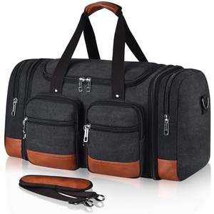 Voylic Canvas Duffle Bag For Travel, 50L Expandable Carry on Overnight Travel Duffel Bags with Laptop Compartments Weekend Gym Bag for Men(Black)