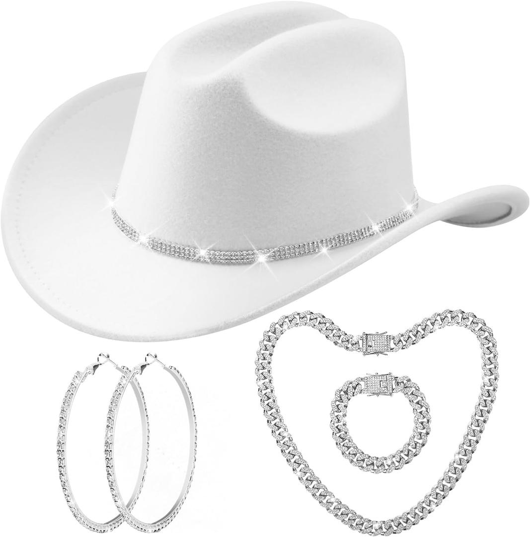 Cowgirl Outfits for Women Rhinestones Cowboy Hats, Western Cowgirl Hat Costume Halloween Rodeo Disco Accessories Black White