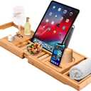 Bamboo Bath Caddy Tray | 100% Natural Bamboo Wooden Bathtub Tray with Book & Tablet Stand | Luxury Wine Glass Candle Holder | Natural Wood | Extendable Organiser for Bathroom Jacuzzi