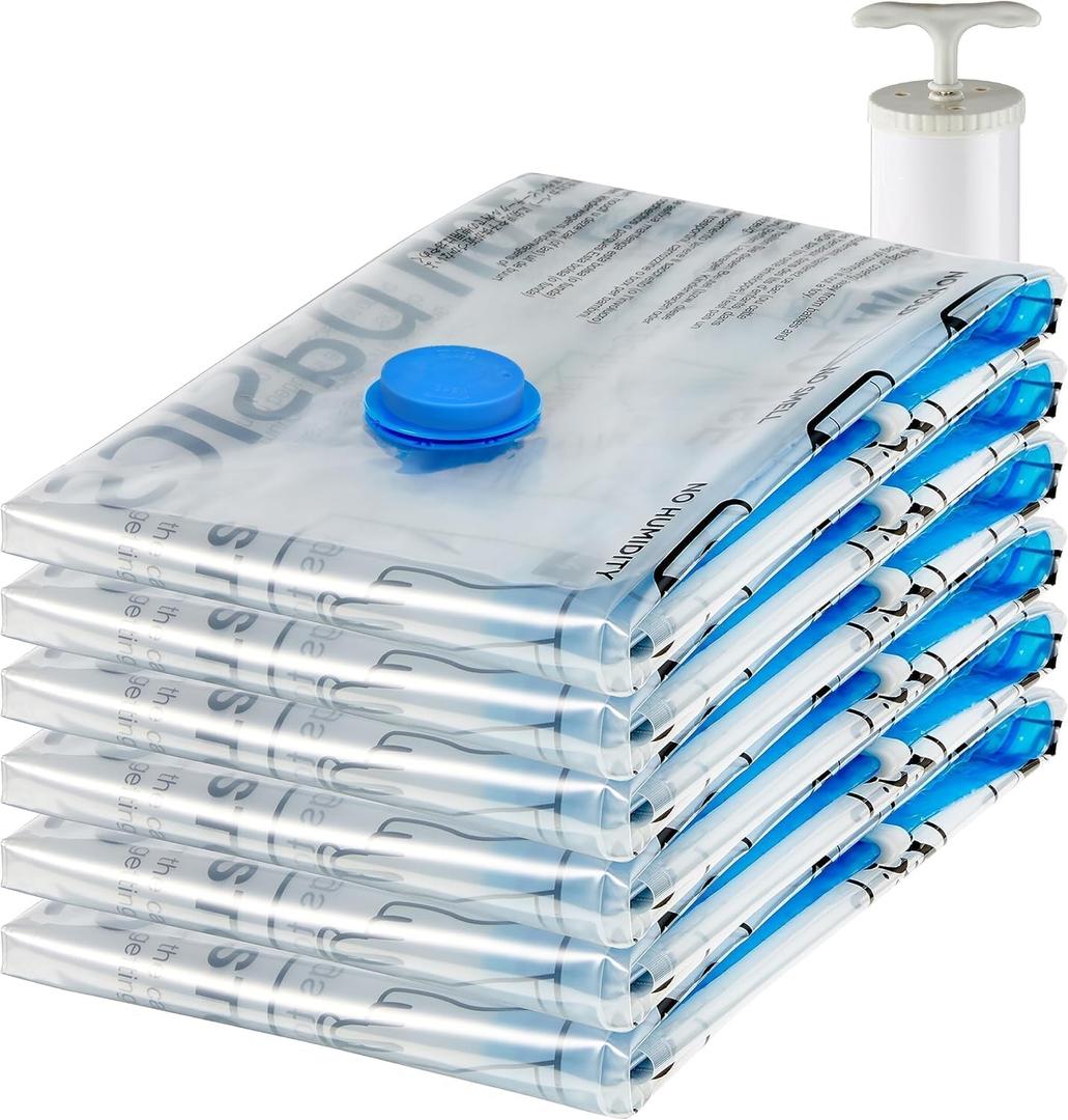 Vacuum Storage Bags for Clothes, Space Saving Compression Storage Bags with Hand Pump, Heavy Duty, Stackable, Jumbo Size, Clear, 6-Pack