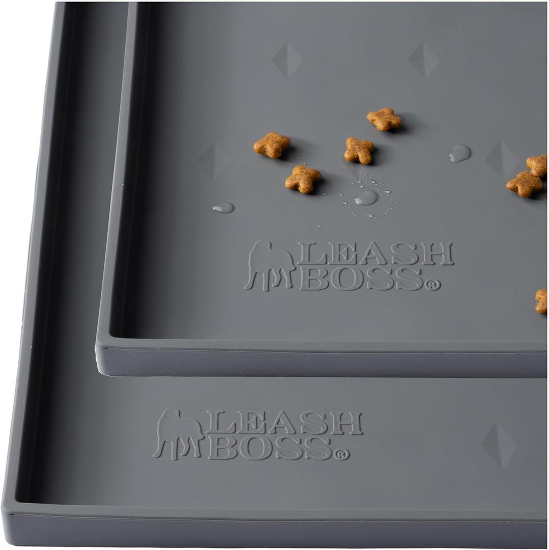 Leash Boss 2 Pack Dog Food Mats for Food and Water Bowls, Thick Waterproof Silicone Pet Feeding Mat for Floors, Extra Tall Raised Edges, Cat and Dog Placemat for Floors, Dishwasher Safe (Grey)