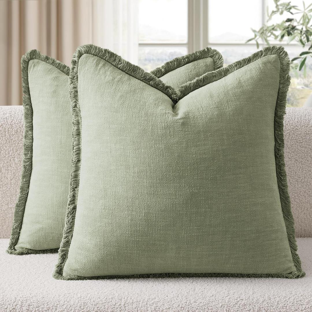 EMEMA Linen Fringe Throw Pillow Covers Set of 2 Boho Farmhouse Accent Decorative Pillowcase with Tassels for Couch Sofa Bed Living Room Home Decor 24x24 Inch,Sage Green