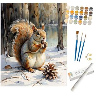 Wildlife Paint by Numbers Kit for Adults - DIY Squirrel in Snowy Forest Painting on Rolled Canvas 16x20 Inches, Acrylic Paint Set, Suitable for Beginners, Art for Home Decoration or Gifts