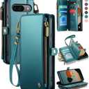 Defencase Compatible with Pixel 9/Pro Case, RFID Blocking Wallet Case Fit for Google Pixel 9 & 9 Pro Soft PU Leather Magnetic Snap Flip Zipper Strap Card Holder Phone Case for Women, Blue Green