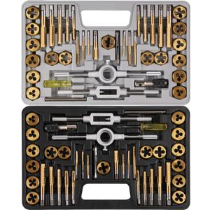 Brass Coated 80pcs SAE & Metric Tap and Die Set, Metric Standard Rethreading Tool Kit, Coarse and Fine Threads for Cutting External and Internal Threads, Essential Repair Tool Kit with Case