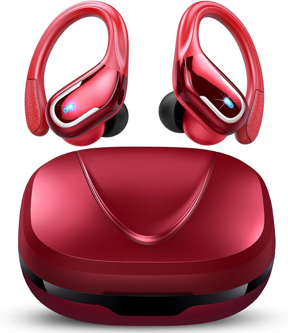 Wireless Earbud, 75Hrs Bluetooth 5.4 Headphones IP7 Waterproof for Sport, Running Wireless Earphones with ENC Noise Canceling Mics, Deep Bass Over Ear bud with Earhooks for Android, iOS, Workout, Gym (Dark red)
