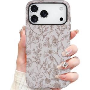 SOKAD Magnetic Sage Floral Phone Case for iPhone 17 Pro Max, Vintage Beige Flower Pattern Compatible with Magsafe Matte Protective Case Cover with Screen Protector for Girls Women