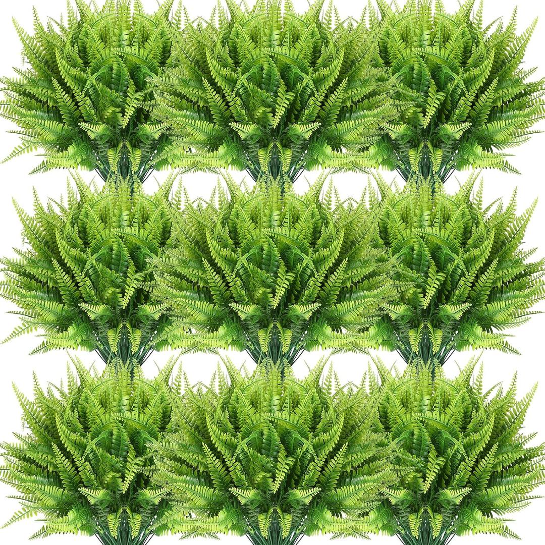 Janinka 40 Pcs Artificial Boston Fern Plants Fake Boston Fern Stems UV Resistant Faux Plants Artificial Outdoor Plastic Bushes Bulk for Hanging Office Porch Window Home Decor